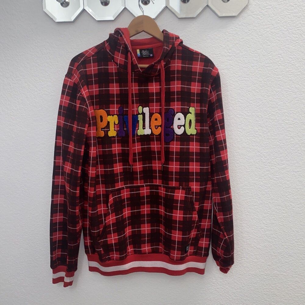 Bleeker & Mercer Plaid Privileged Hoodie Sweatshirt Medium